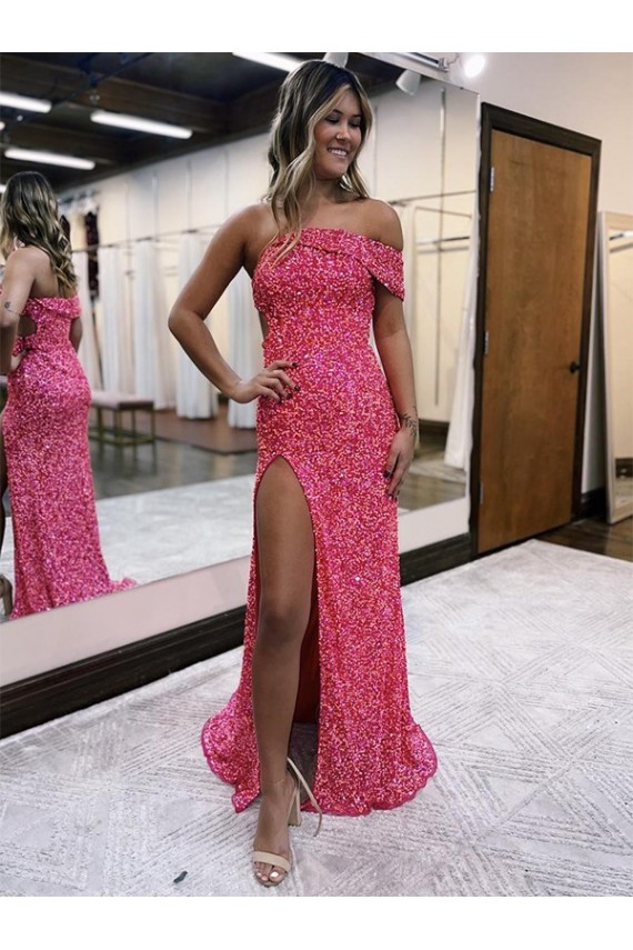 Wholesale One Shoulder Sleeveless Long Sweep Train Velvet Sequin Prom Dress with Side Slit UK