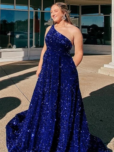Wholesale A-Line One Shoulder Sleeveless Long Sweep Train Velvet Sequin Prom Dress with Pockets UK