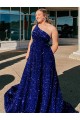 Wholesale A-Line One Shoulder Sleeveless Long Sweep Train Velvet Sequin Prom Dress with Pockets UK