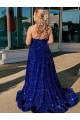 Wholesale A-Line One Shoulder Sleeveless Long Sweep Train Velvet Sequin Prom Dress with Pockets UK