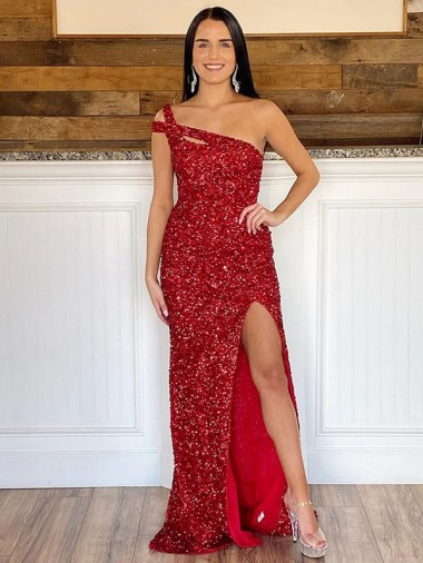 Wholesale One Shoulder Sleeveless Long Sweep Train Velvet Sequin Prom Dress UK