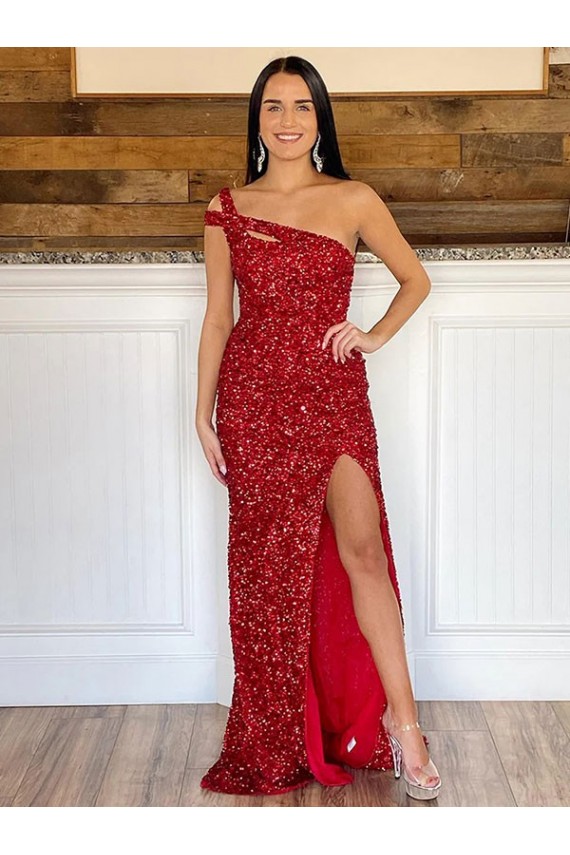 Wholesale One Shoulder Sleeveless Long Sweep Train Velvet Sequin Prom Dress UK