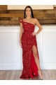 Wholesale One Shoulder Sleeveless Long Sweep Train Velvet Sequin Prom Dress UK