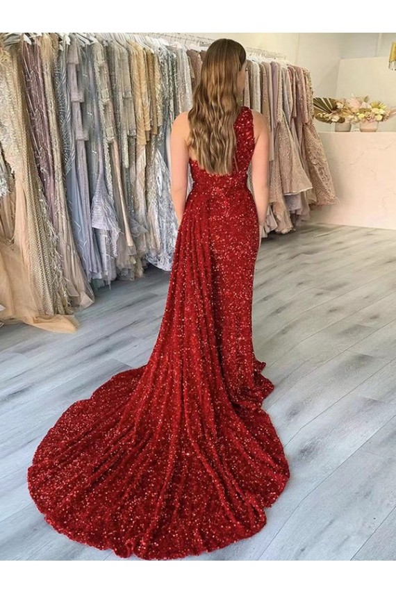 Wholesale One Shoulder Sleeveless Long Court Train Velvet Sequin Prom Dress with Slit UK