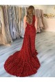 Wholesale One Shoulder Sleeveless Long Court Train Velvet Sequin Prom Dress with Slit UK