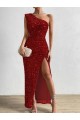 Wholesale One Shoulder Sleeveless Long Floor Length Velvet Sequin Prom Dress with Slit UK