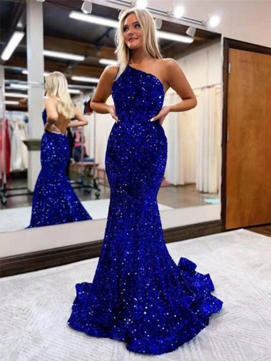 Wholesale Mermaid One Shoulder Open Back Long Sweep Train Velvet Sequin Prom Dress UK