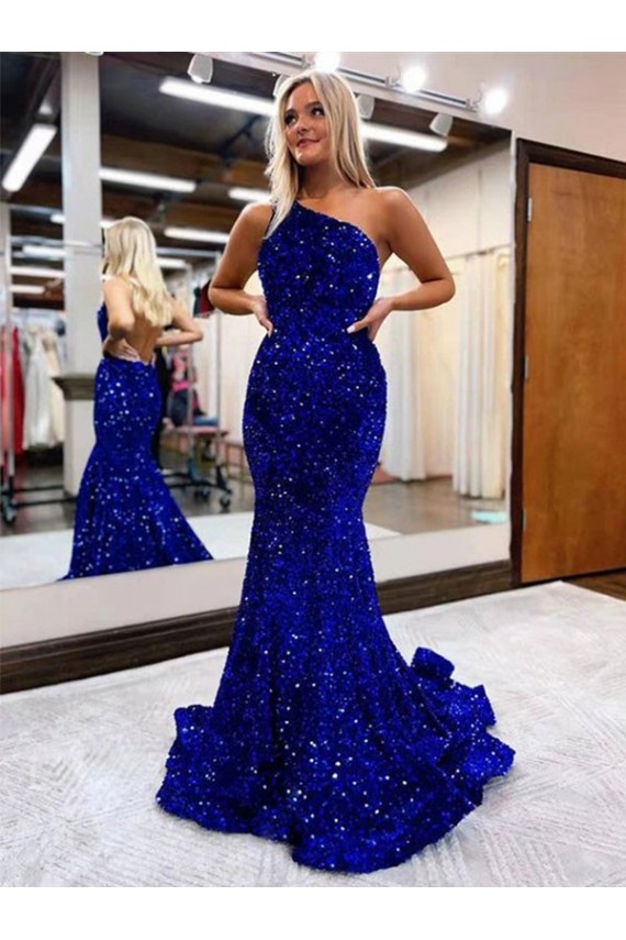 Wholesale Mermaid One Shoulder Open Back Long Sweep Train Velvet Sequin Prom Dress UK