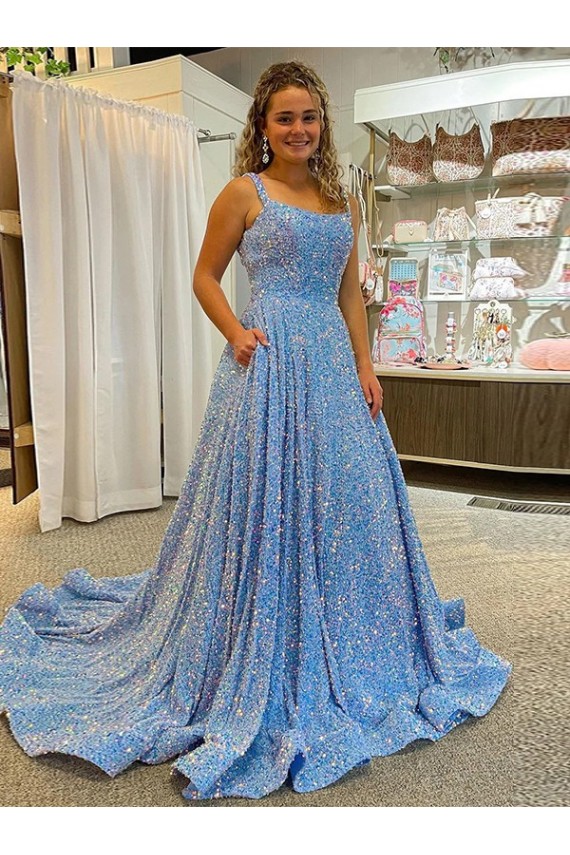 Wholesale A-Line Scoop Sleeveless Long Court Train Velvet Sequin Prom Dress UK