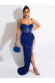 Wholesale Long Sweep Train Spaghetti Straps Sleeveless Velvet Sequin Prom Dress with Slit UK