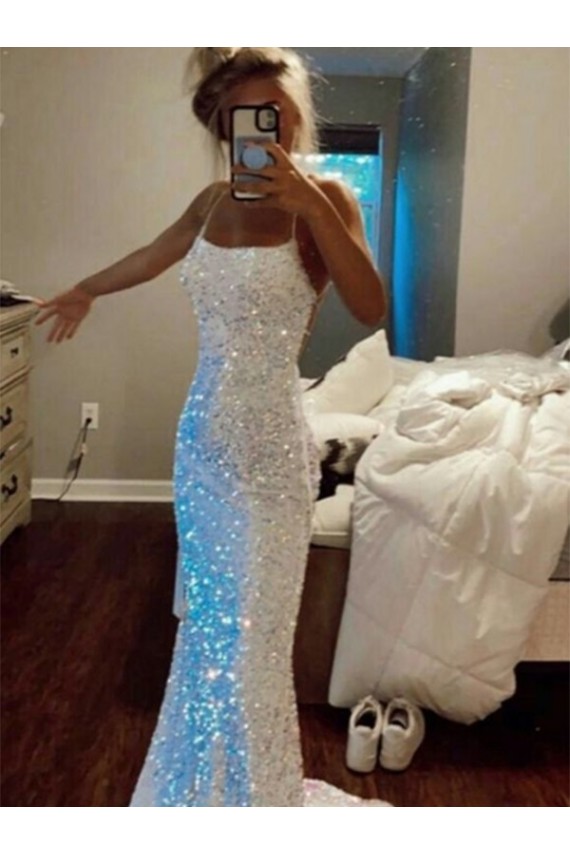 Wholesale Long Spaghetti Straps Sleeveless Sweep Train Velvet Sequin Prom Dress UK