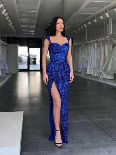 Wholesale Sleeveless Long Sweep Train Velvet Sequin Prom Dress with High Slit and Straps UK