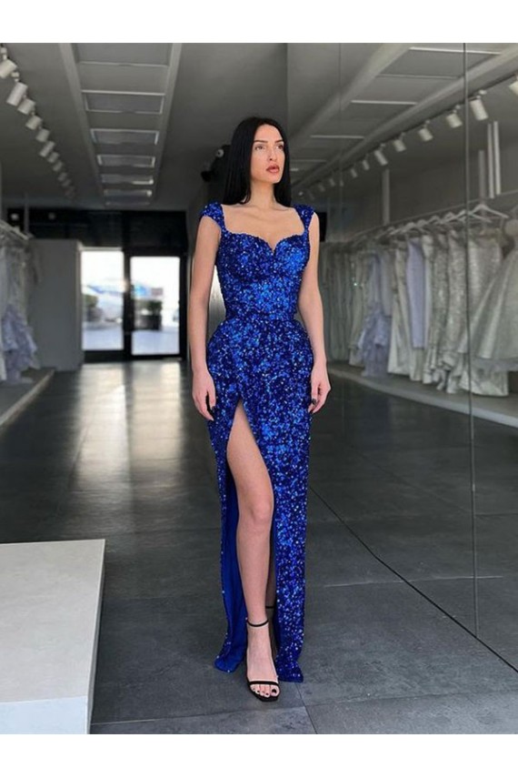 Wholesale Sleeveless Long Sweep Train Velvet Sequin Prom Dress with High Slit and Straps UK
