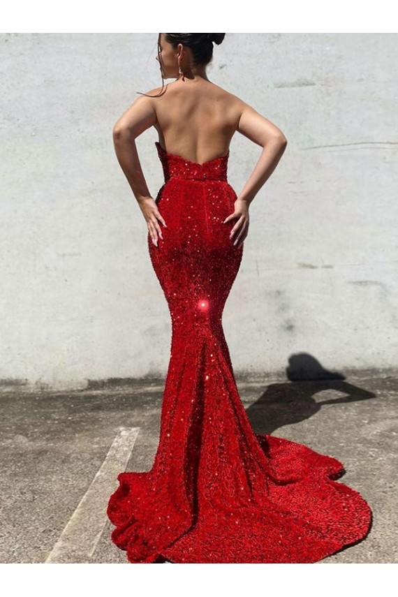 Wholesale Mermaid Sweetheart Sleeveless Long Court Train Velvet Sequin Prom Dress UK