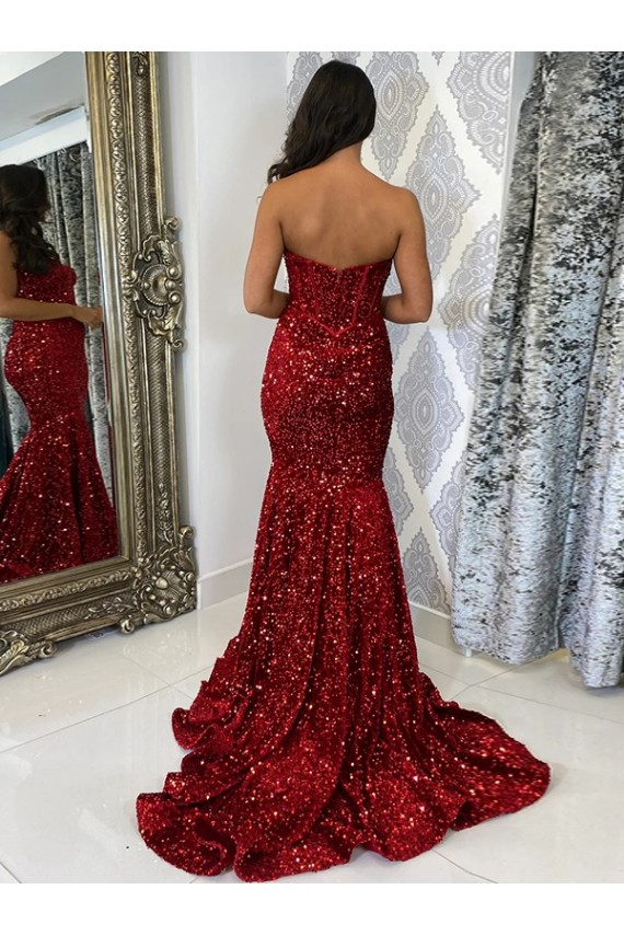 Wholesale Sweetheart Sleeveless Long Court Train Velvet Sequin Prom Dress UK