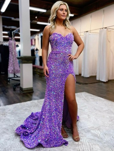 Wholesale A-Line Sweetheart Sleeveless Long Velvet Sequin Prom Dress with Slit UK