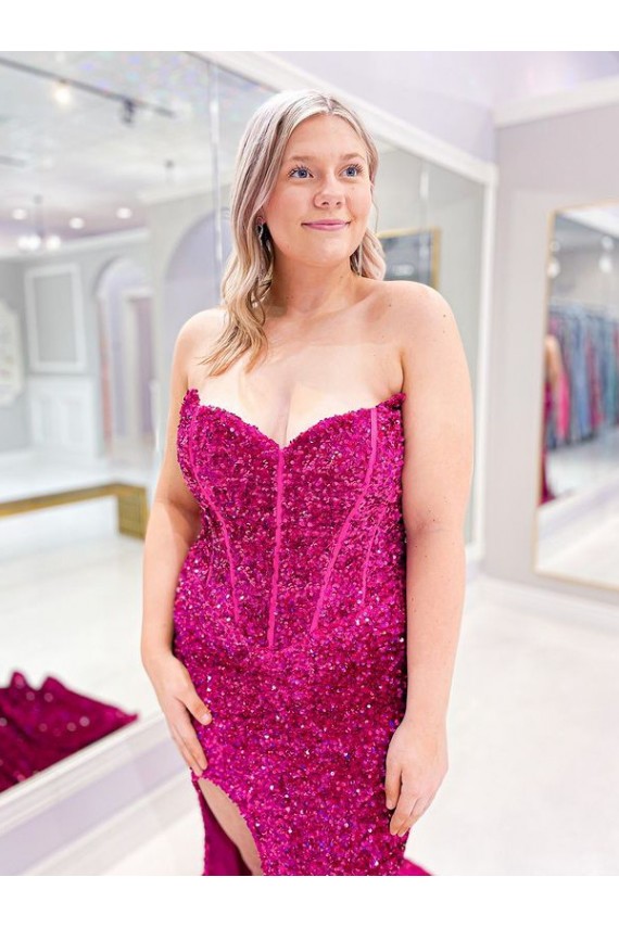 Wholesale Long Sweetheart Sleeveless Sweep Train Velvet Sequin Prom Dress with Slit UK