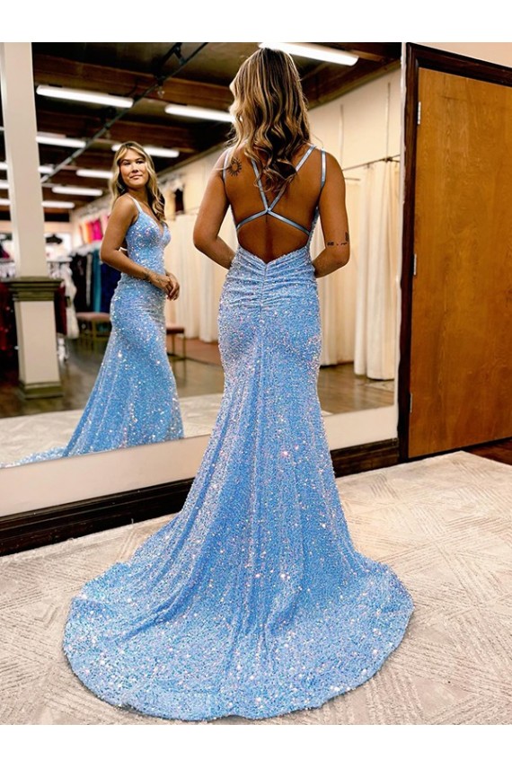 Wholesale Criss Cross Open Back V-Neck Sleeveless Long Velvet Sequin Prom Dress UK