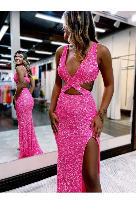Wholesale Long V-Neck Sleeveless Sweep Train Velvet Sequin Prom Dress with High Slit UK