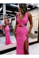 Wholesale Long V-Neck Sleeveless Sweep Train Velvet Sequin Prom Dress with High Slit UK