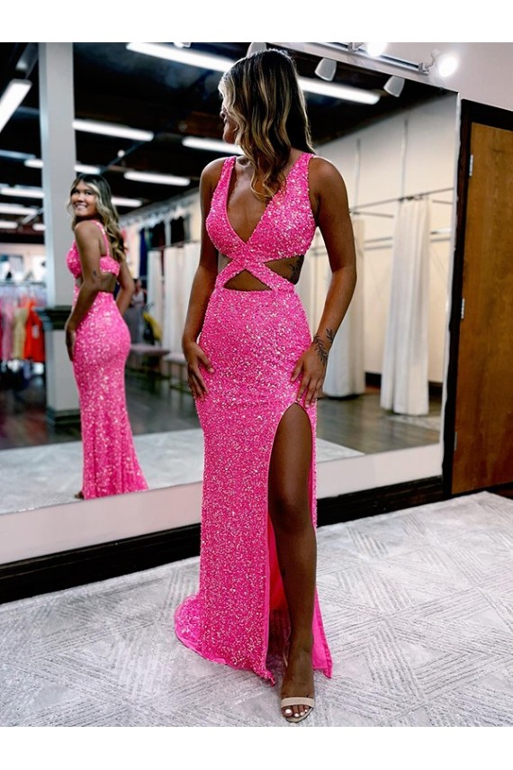 Wholesale Long V-Neck Sleeveless Sweep Train Velvet Sequin Prom Dress with High Slit UK