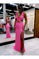 Wholesale Long V-Neck Sleeveless Sweep Train Velvet Sequin Prom Dress with High Slit UK