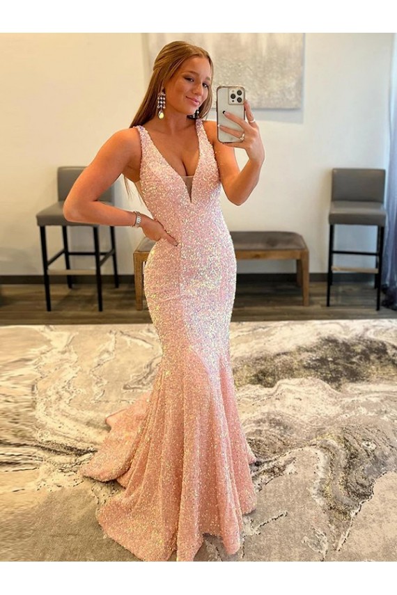 Wholesale Deep V-Neck Sleeveless Long Low Back Velvet Sequin Prom Dress UK