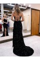 Wholesale V-Neck Sleeveless Long Velvet Sequin Royal Blue Prom Dress with Side Slit UK