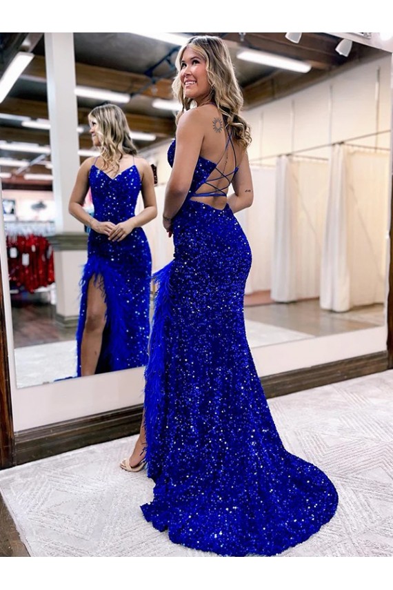 Wholesale V-Neck Sleeveless Long Velvet Sequin Royal Blue Prom Dress with Side Slit UK