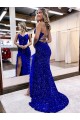 Wholesale V-Neck Sleeveless Long Velvet Sequin Royal Blue Prom Dress with Side Slit UK