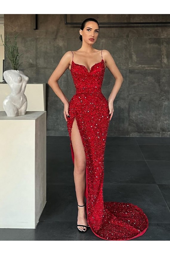 Wholesale V-Neck Sleeveless Long Sweep Train Velvet Sequin Prom Dress with High Side Slit UK