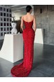Wholesale V-Neck Sleeveless Long Sweep Train Velvet Sequin Prom Dress with High Side Slit UK
