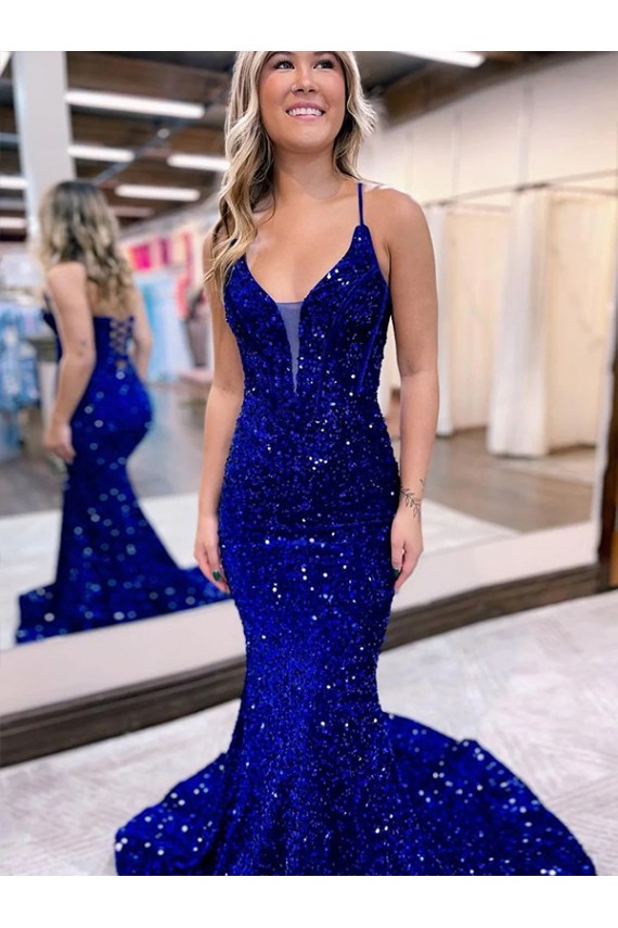 Wholesale Mermaid V-Neck Sleeveless Long Court Train Velvet Sequin Prom Dress UK