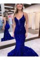 Wholesale Mermaid V-Neck Sleeveless Long Court Train Velvet Sequin Prom Dress UK
