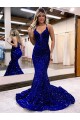 Wholesale Mermaid V-Neck Sleeveless Long Court Train Velvet Sequin Prom Dress UK
