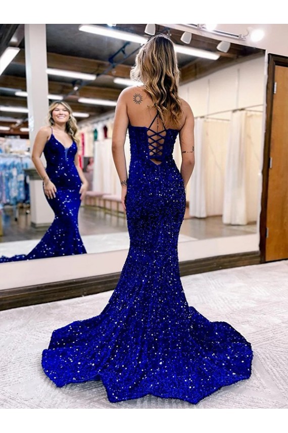 Wholesale Mermaid V-Neck Sleeveless Long Court Train Velvet Sequin Prom Dress UK