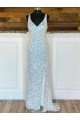 Wholesale V-Neck Sleeveless Long Sweep Train Velvet Sequin Prom Dress UK