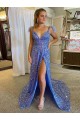 Wholesale A-Line V-Neck Sleeveless Long Court Train Velvet Sequin Prom Dress with High Slit UK