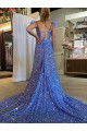 Wholesale A-Line V-Neck Sleeveless Long Court Train Velvet Sequin Prom Dress with High Slit UK