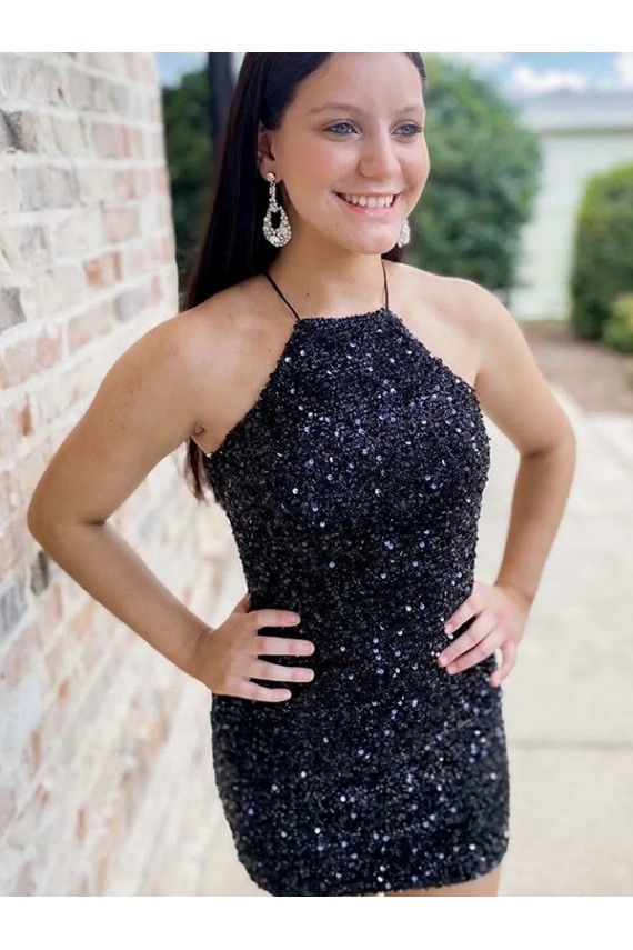 Wholesale Halter Sleeveless Short Velvet Sequin Prom Dress UK