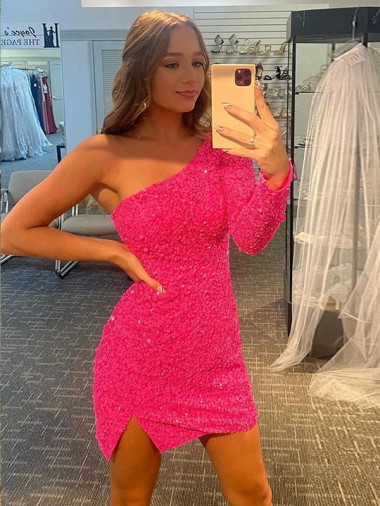 Wholesale Short Velvet Sequin One Shoulder Long Sleeves Prom Dress UK