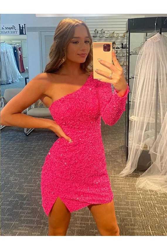 Wholesale Short Velvet Sequin One Shoulder Long Sleeves Prom Dress UK