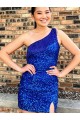Wholesale One Shoulder Sleeveless Short Velvet Sequin Royal Blue Prom Dress UK