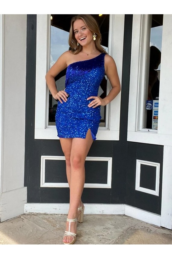 Wholesale One Shoulder Sleeveless Short Velvet Sequin Royal Blue Prom Dress UK