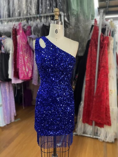 Wholesale One Shoulder Keyhole Sleeveless Short Velvet Sequin Prom Dress UK