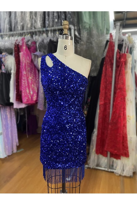 Wholesale One Shoulder Keyhole Sleeveless Short Velvet Sequin Prom Dress UK