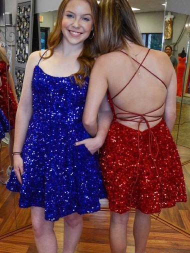 Wholesale A-Line Spaghetti Straps Sleeveless Short Velvet Sequin Prom Dress UK