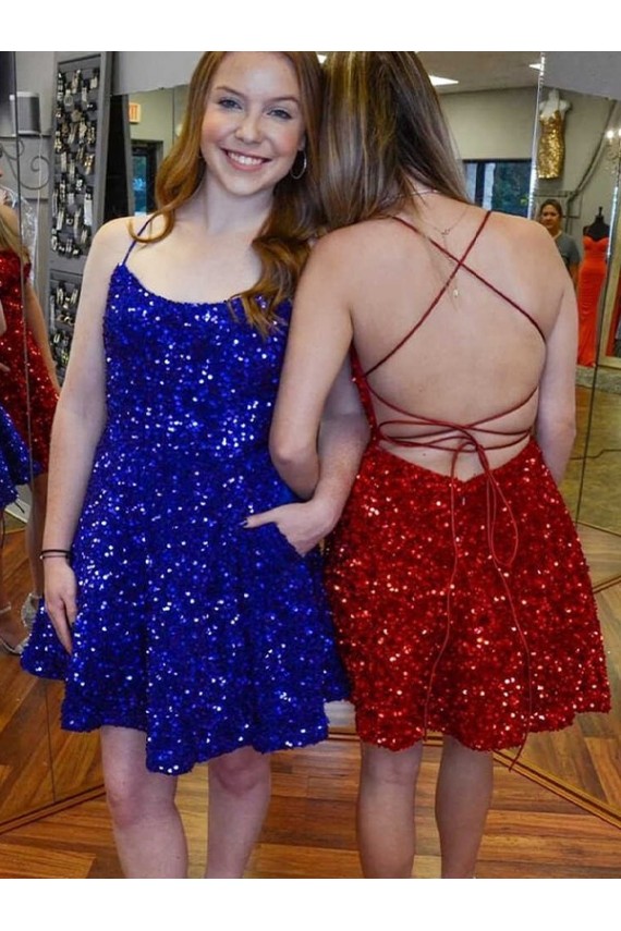 Wholesale A-Line Spaghetti Straps Sleeveless Short Velvet Sequin Prom Dress UK