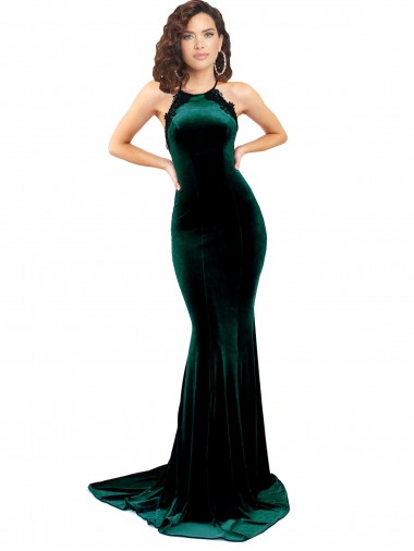 Wholesale High Neck Stretch Velvet Prom Dress with Black Lace Embroidery UK