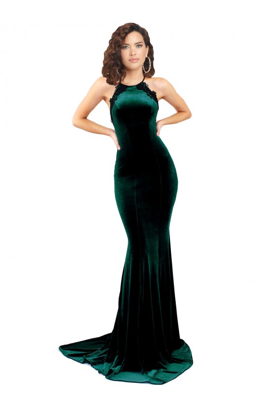 Wholesale High Neck Stretch Velvet Prom Dress with Black Lace Embroidery UK